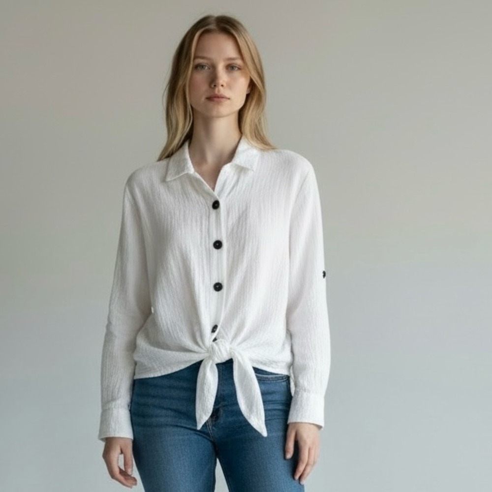 Free People Sunstreaks White Tie Front Long Sleeve Button-Down Shirt
